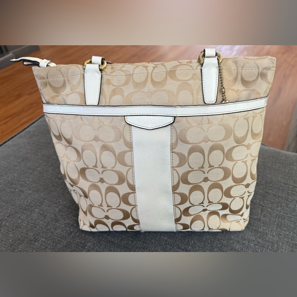 Coach Tan and White Signature Tote Bag